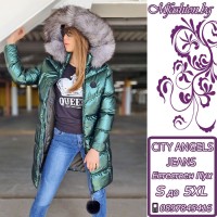 Дълго яке с естествен пух City Angels Jeans, Тъмно зелен лак, 6862